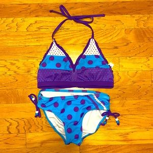 Justice Girls Swim Suit Purple Blue Polka Dot